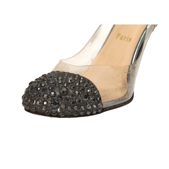 CHRISTIAN LOUBOUTIN Slingback Pumps PVC Crystals Pewter Leather Heels Cap Toe 38 - Picture 11 of 16
